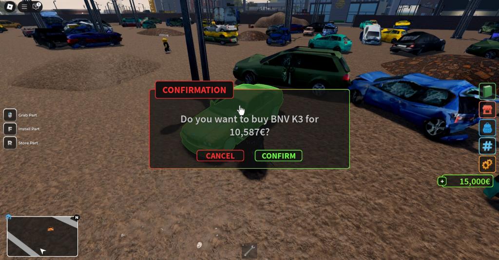 A player purchasing a car in the Fix It Up Roblox experience.