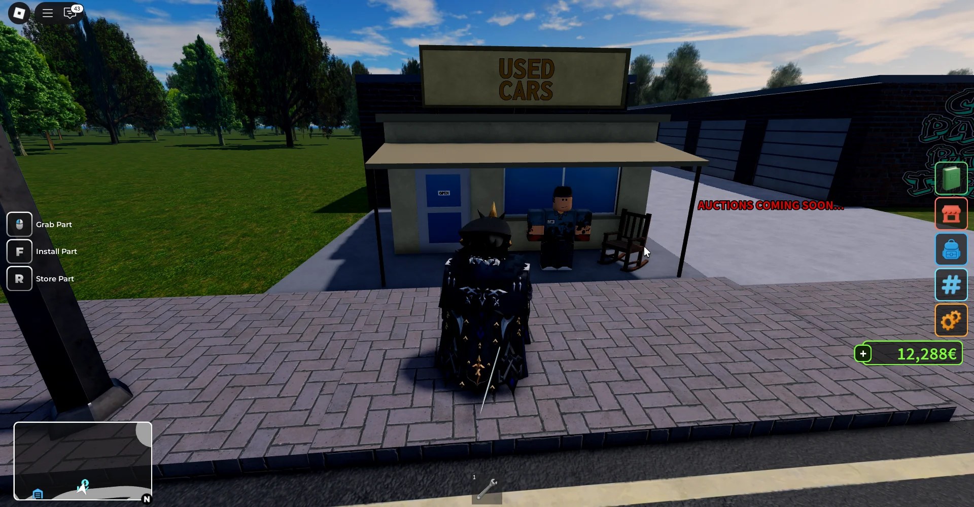A player selling a repaired car at the Used Cars NPC in the Fix It Up Roblox experience.