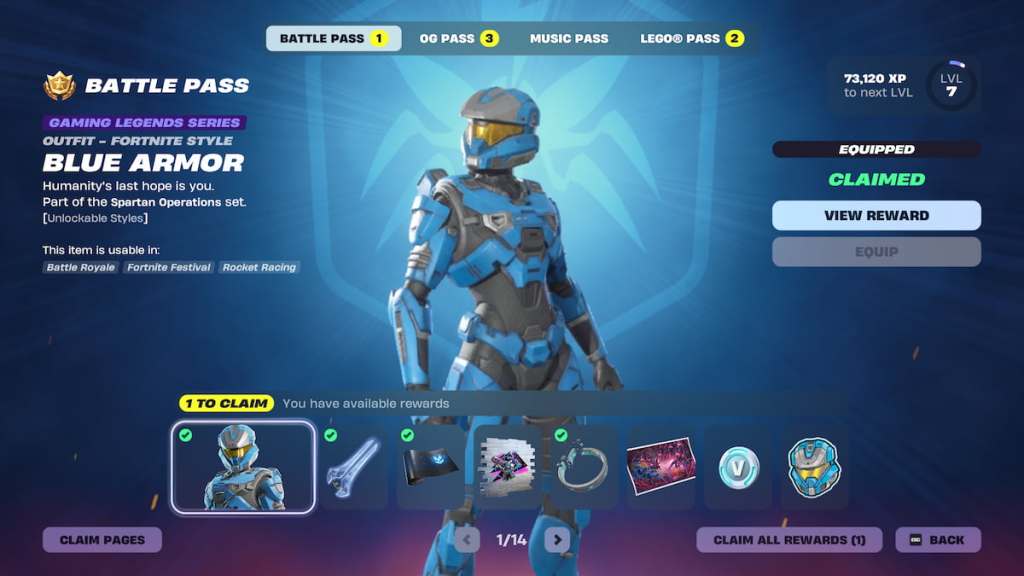 Page one of the battle pass with a blue spartan in fortnite