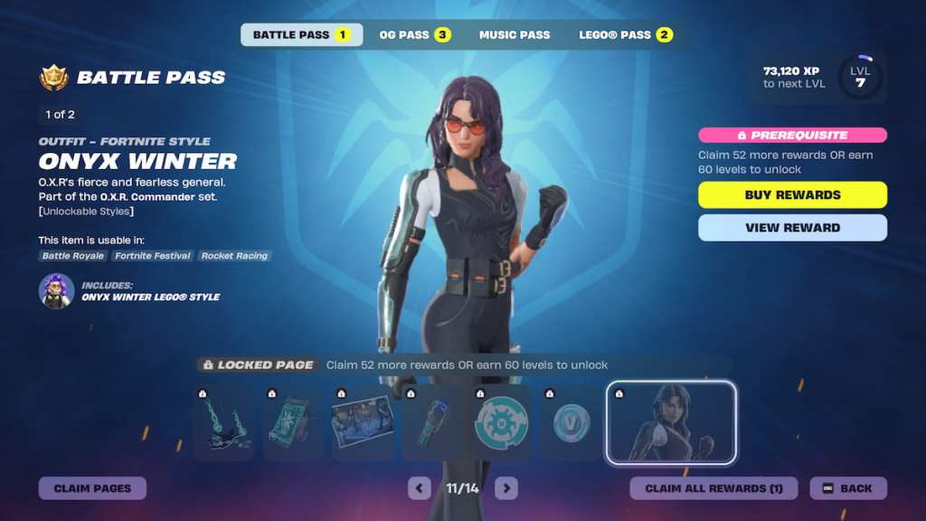 Page one of the battle pass with a general woman in black onyx winter in fortnite
