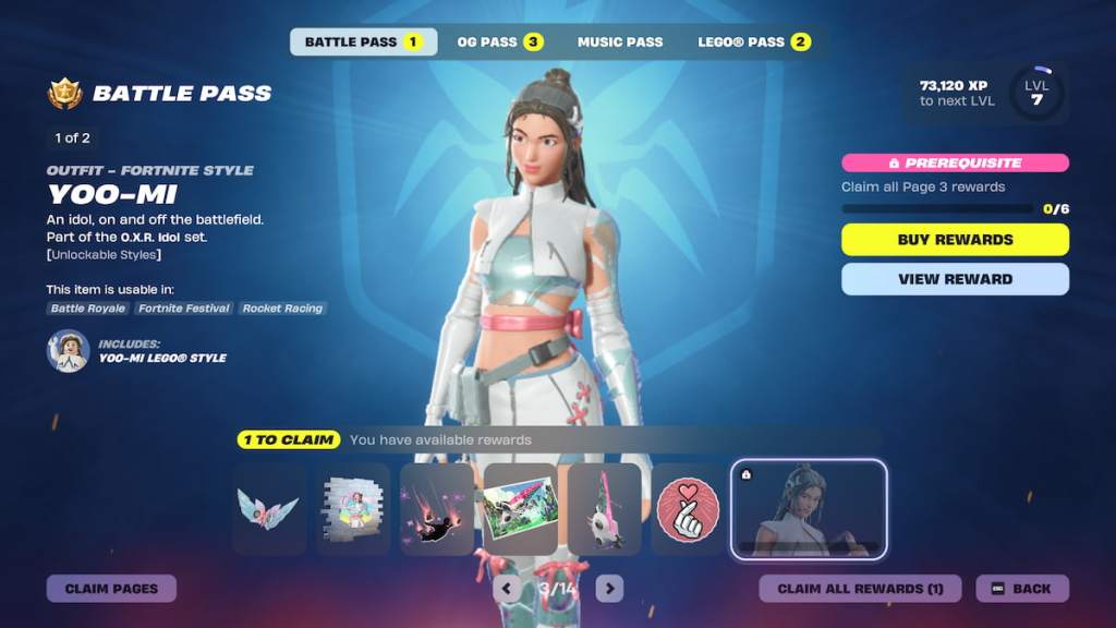 Page three  of the battle pass with yoo-mi in fortnite