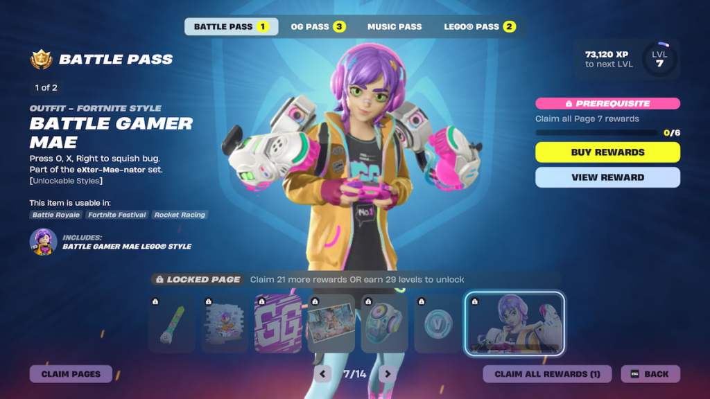 Page 7of the battle pass with gamer girl mae with purple hair in fortnite