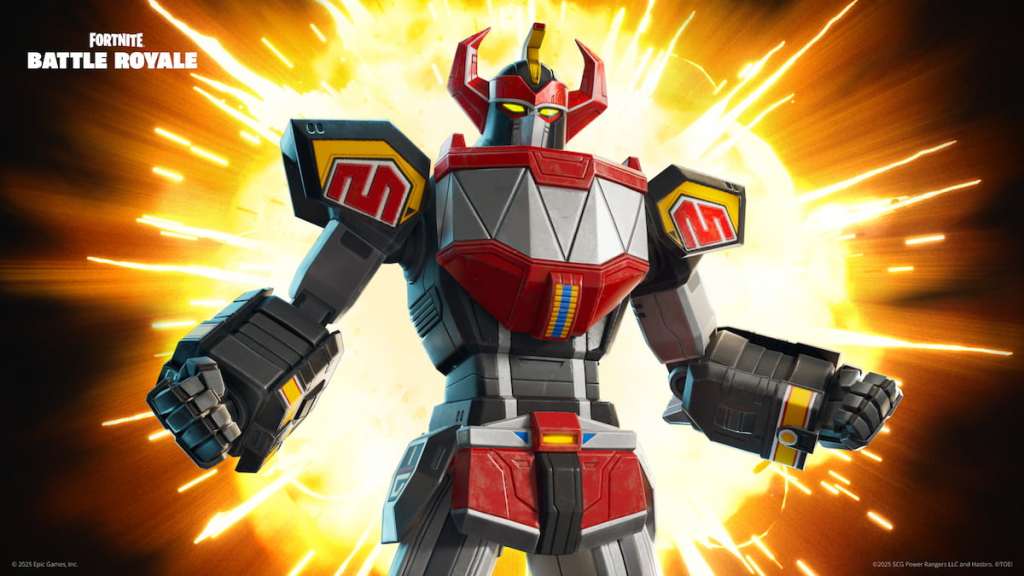 Megazord in front of a fiery explosion in Fortnite