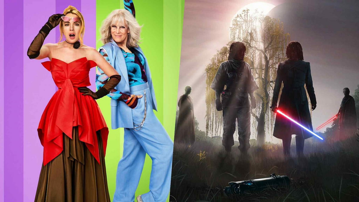 Freakier Friday Anna and Tess posing next to Osha, Mae, Sol, and Qimir in the shadows in The Acolyte