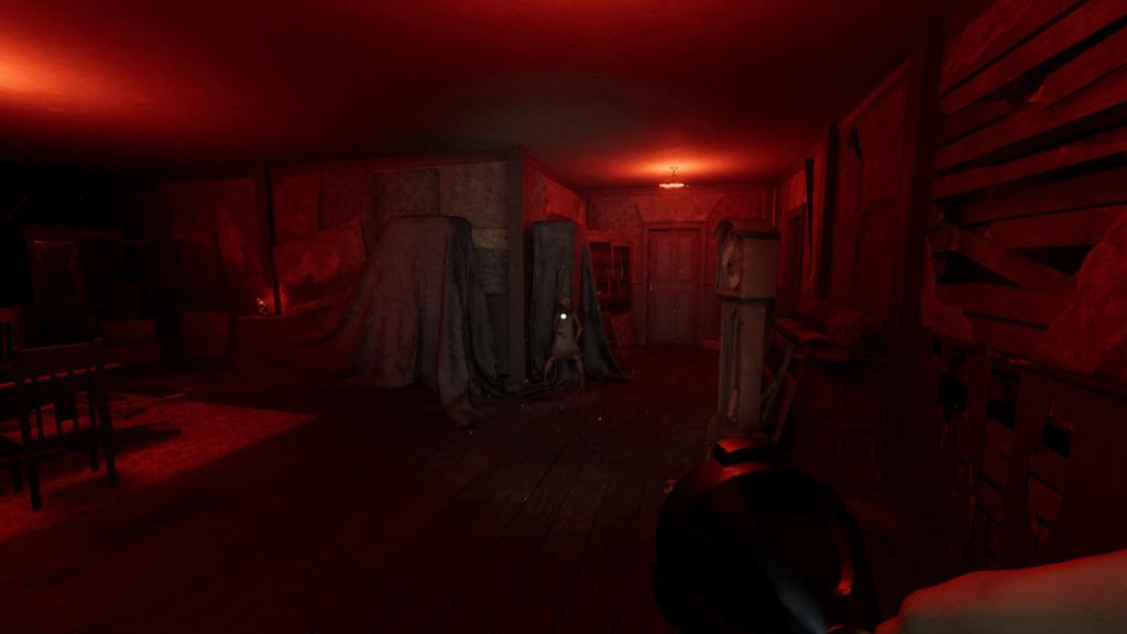 A small child ghost in a red room at grafton farmhouse in phasmophobia