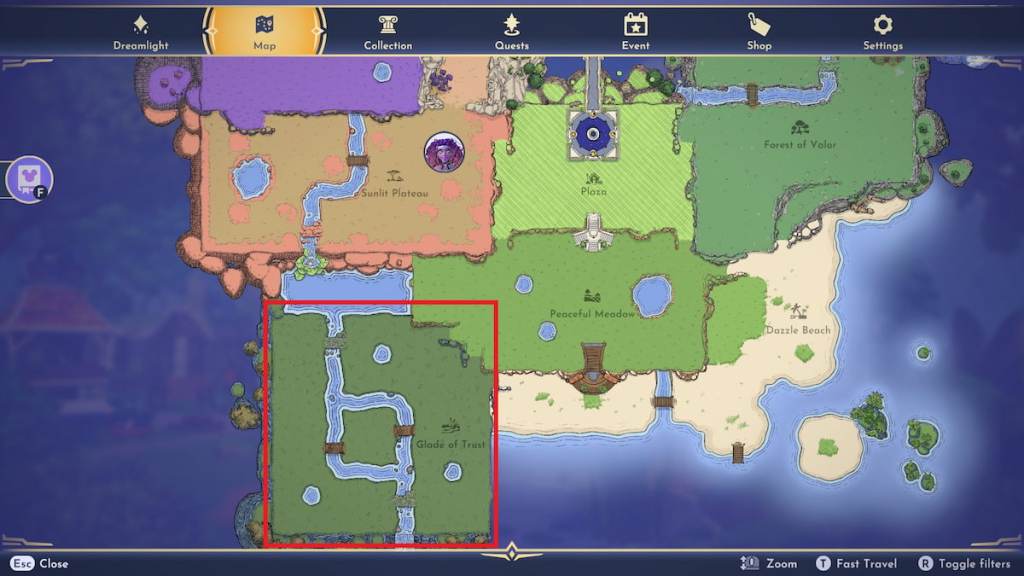 Glade of Trust region marked on the map in disney dreamlight valley