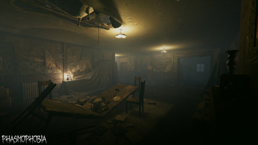 A broken table in the dining room in Grafton Farmhouse in Phasmophobia