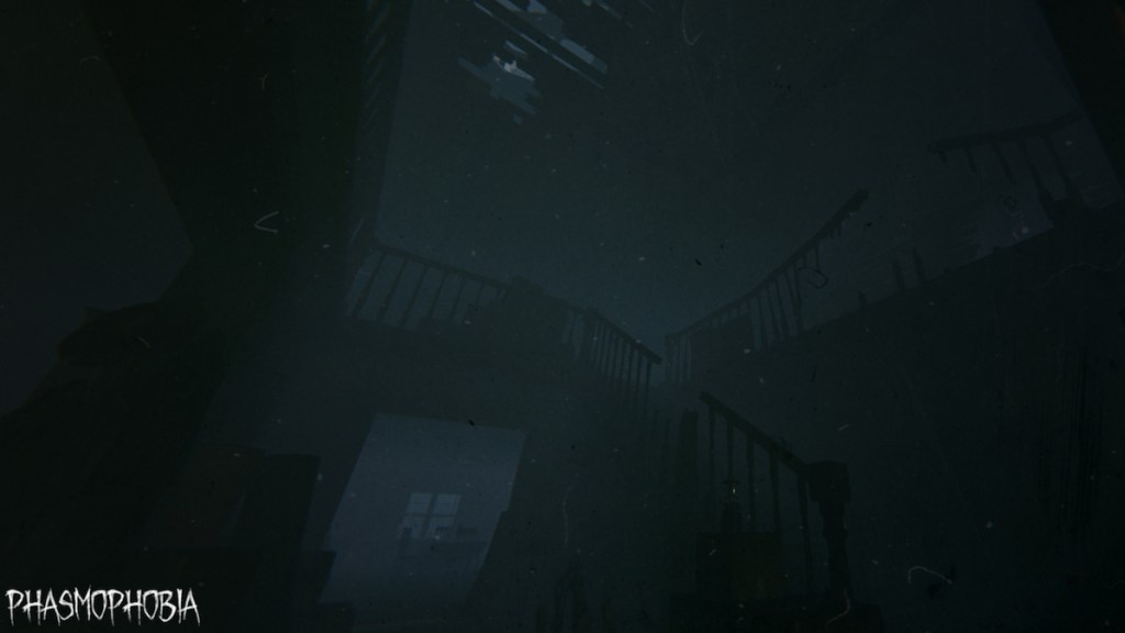 The dimly lit entryway with a staircase at grafton farmhouse in phasmophobia