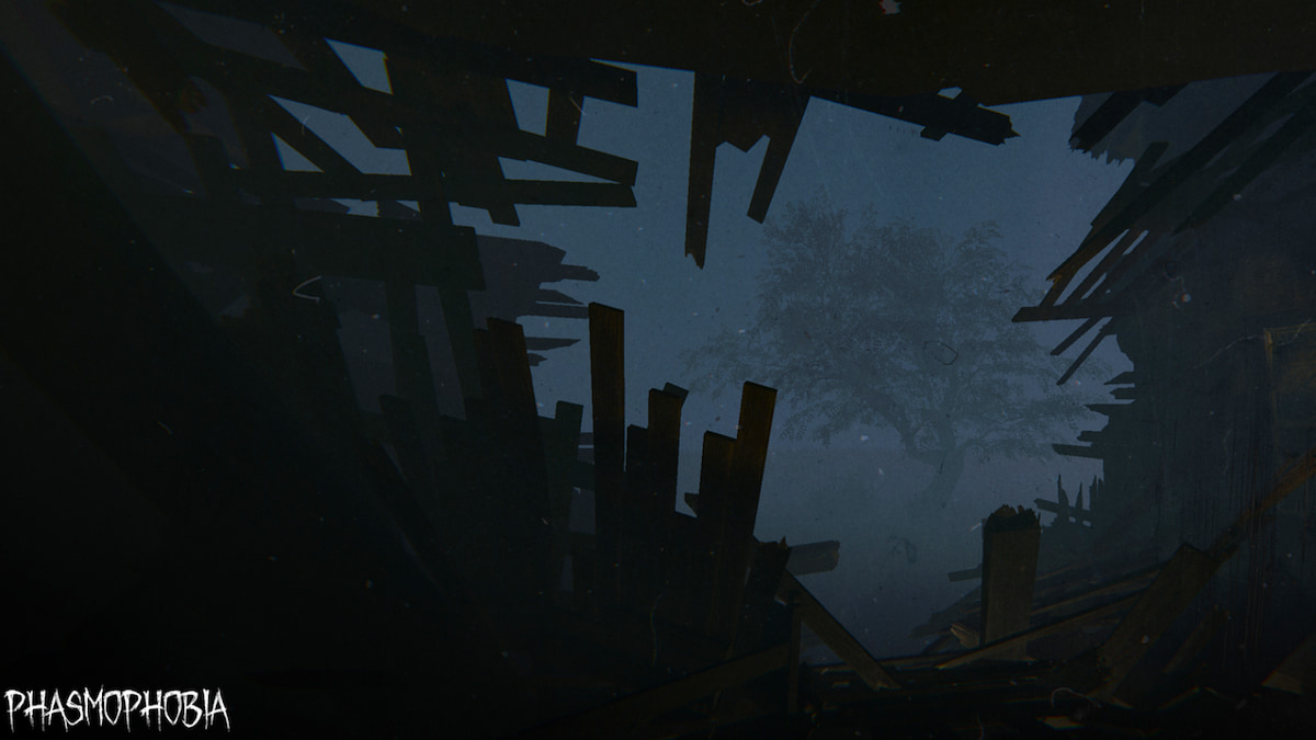 A hole in Grafton Farmhouse looking out at a tree and field at night in Phasmophobia