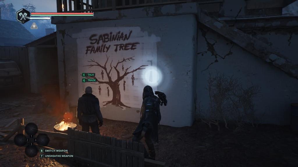 A mural in Hell is Us depitcing people hanged from a tree with the words "Sabinian family tree" next to it.