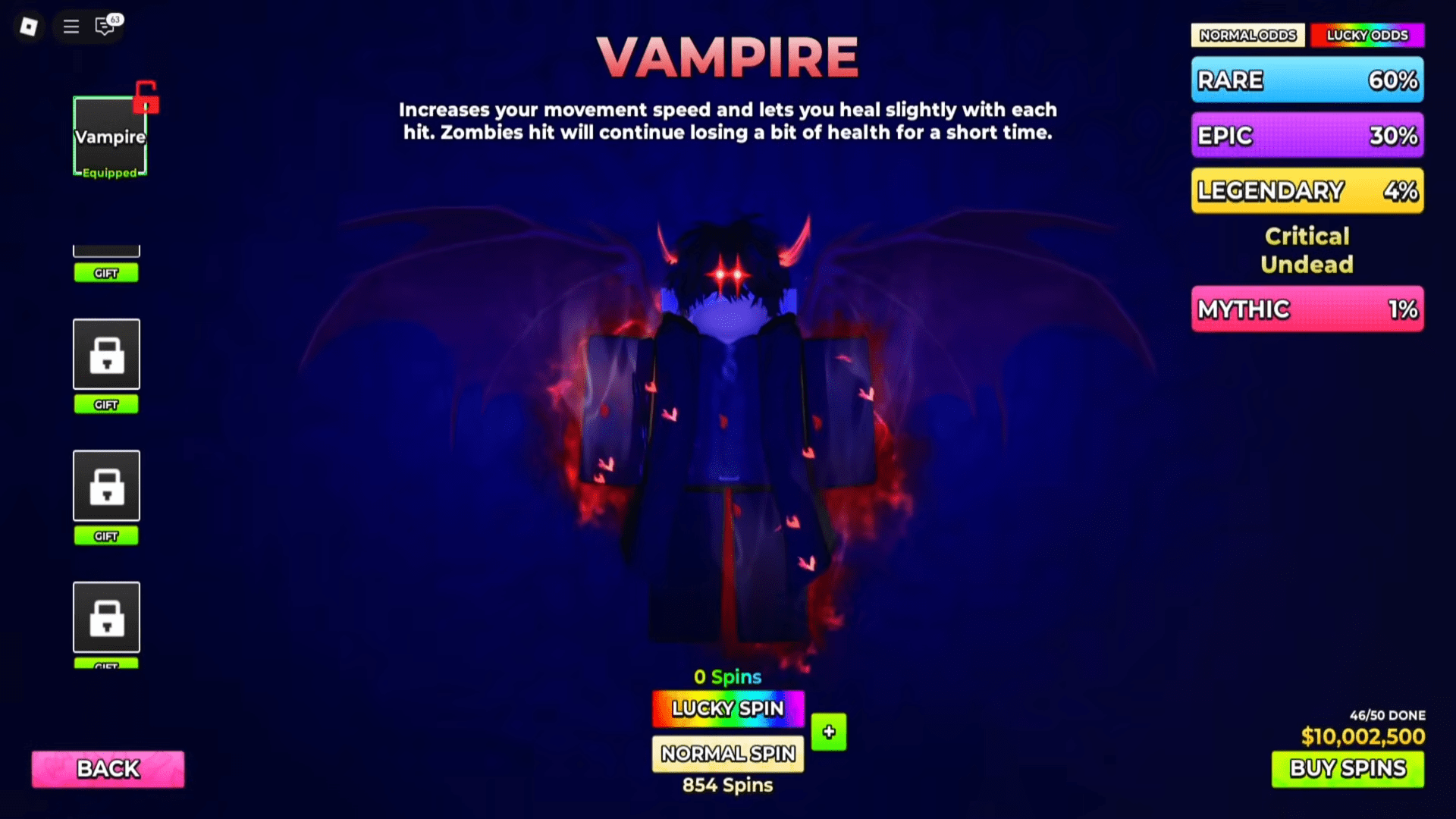 Preview of the perk reroll menu in Hunty Zombies Roblox experience.