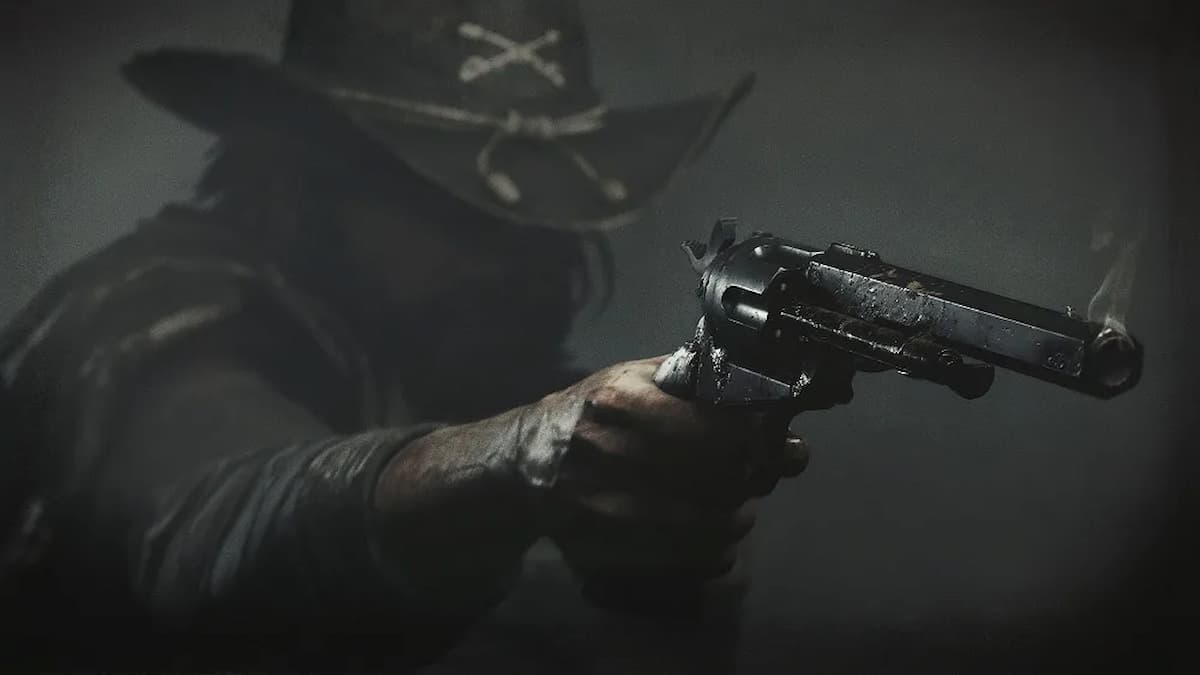 A cowboy pointing a gun to the side of the camera in Hunt: Showdown.