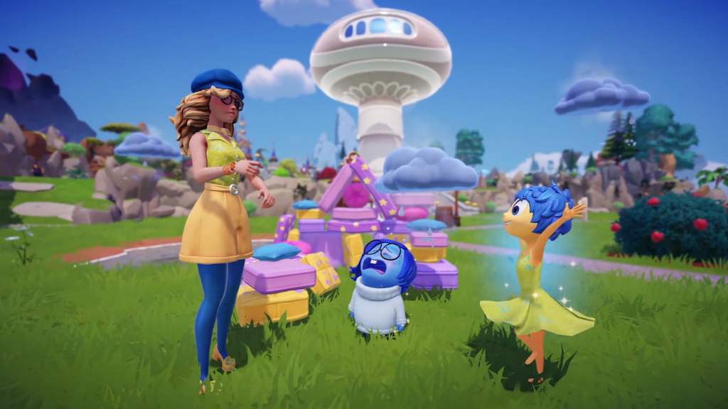 Standing in the village with Sadness and Joy in disney dreamlight valley