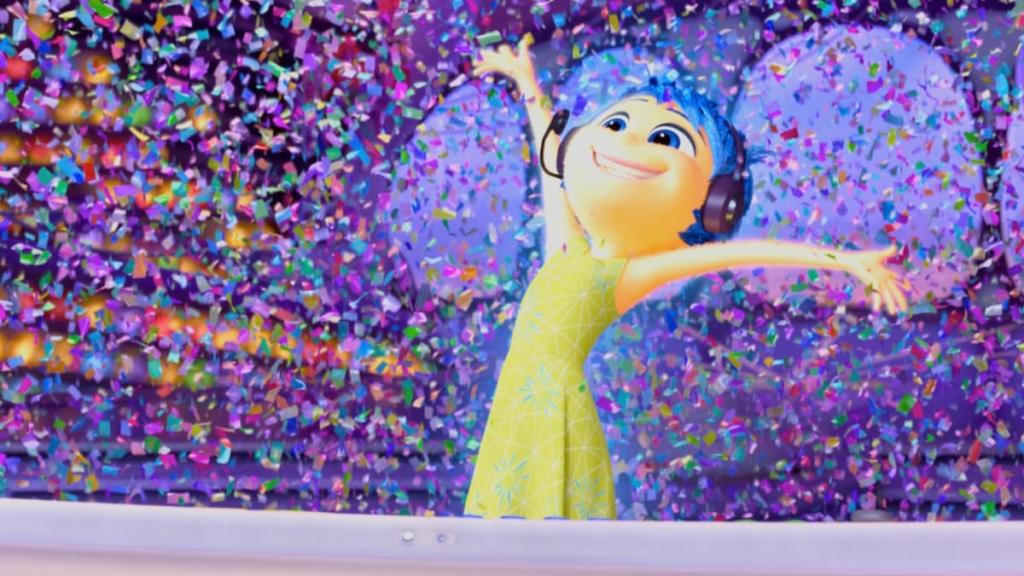 Joy surrounded by confetti in Inside Out in disney dreamlight valley