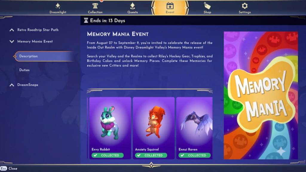 memory mania event page in disney dreamlight valley
