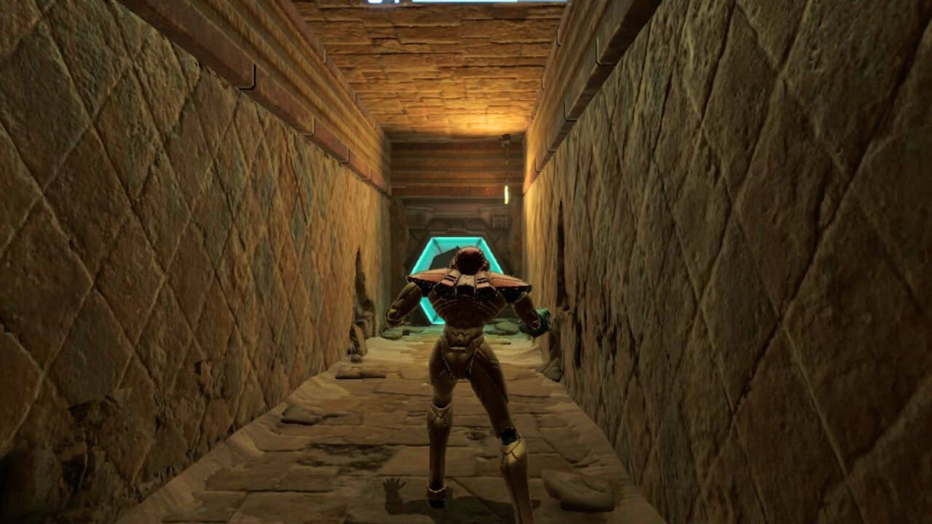 Samus standing in a narrow hallway in front of a door in Metroid Prime: Remastered