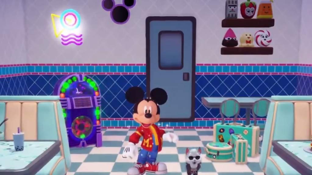Mickey mouse in a red jacket in a diner in disney dreamlight valley