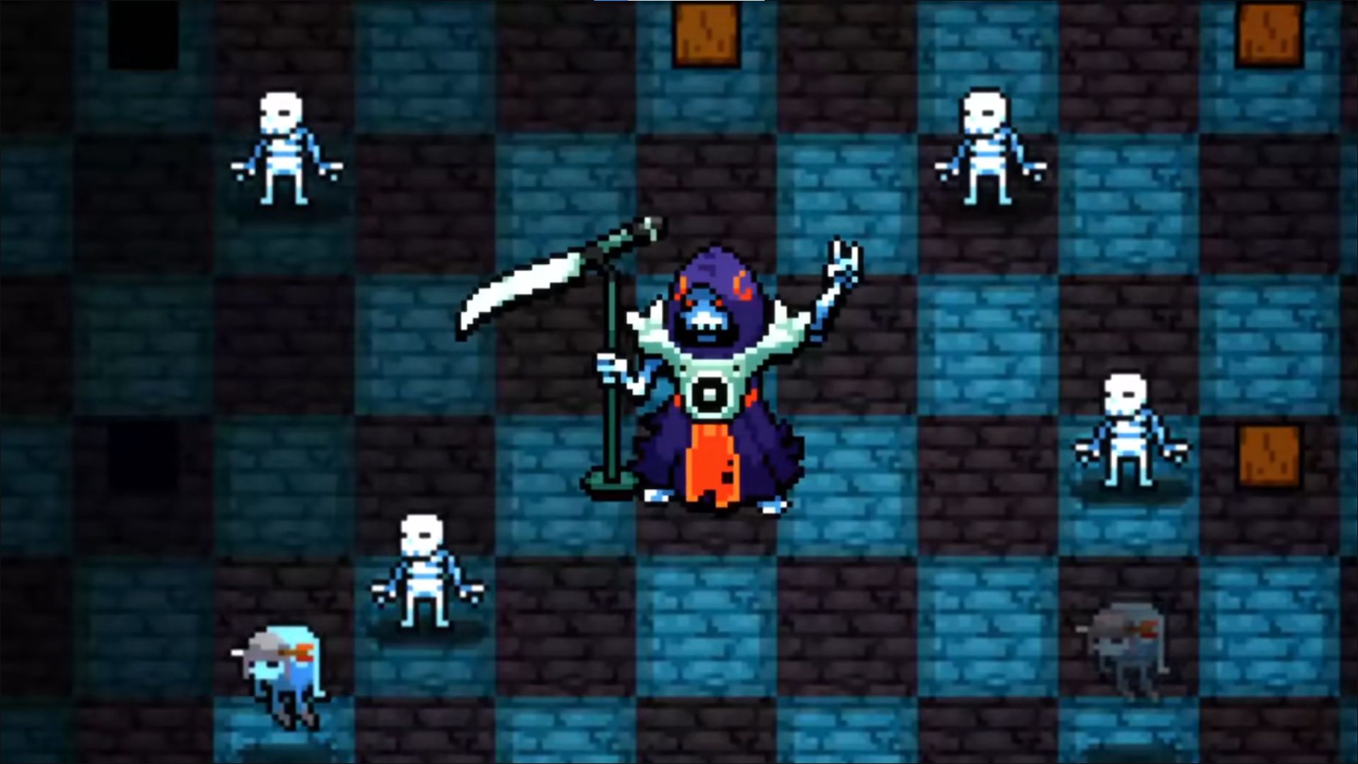 The Crypt of the NecroDancer boss in the game, surrounded by skeletons.