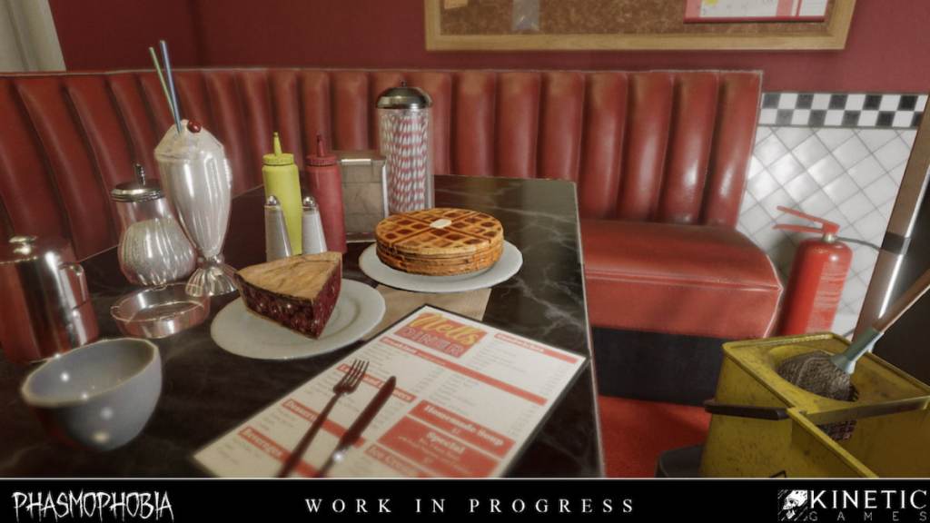 A diner table with pie, waffles, a shake, a menu, salt, a cup, and straws in phasmophobia