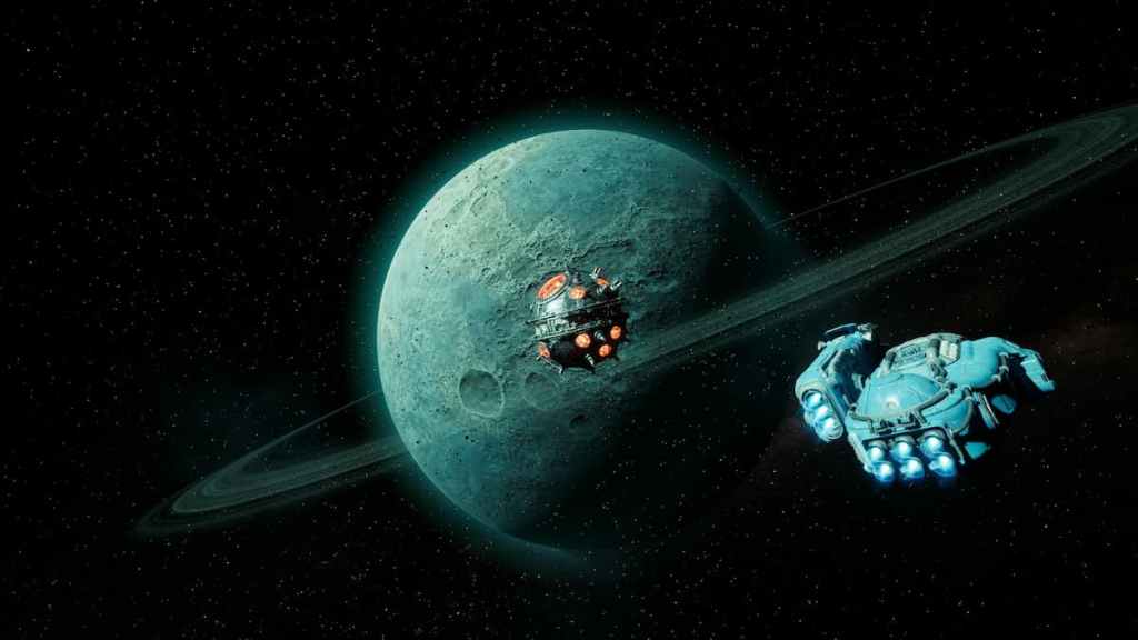 A space station orbiting a strange planet with a space ship approaching it in The Outer Worlds 2. 
