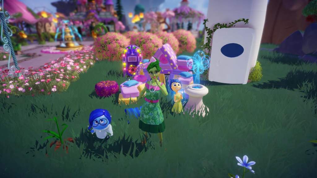 Standing by pillow fort with Sadness and Joy in disney dreamlight valley