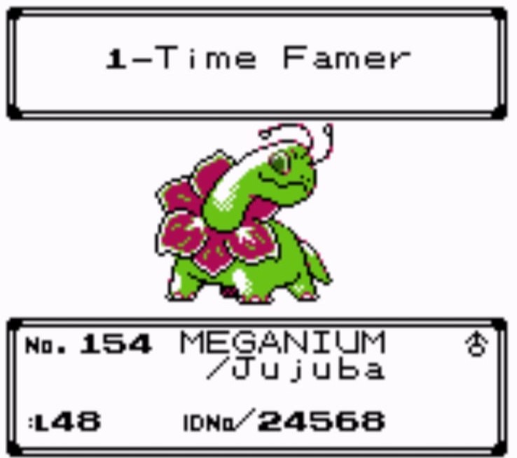 A screenshot of Meganium in the Pokémon Crystal Hall of Fame.
