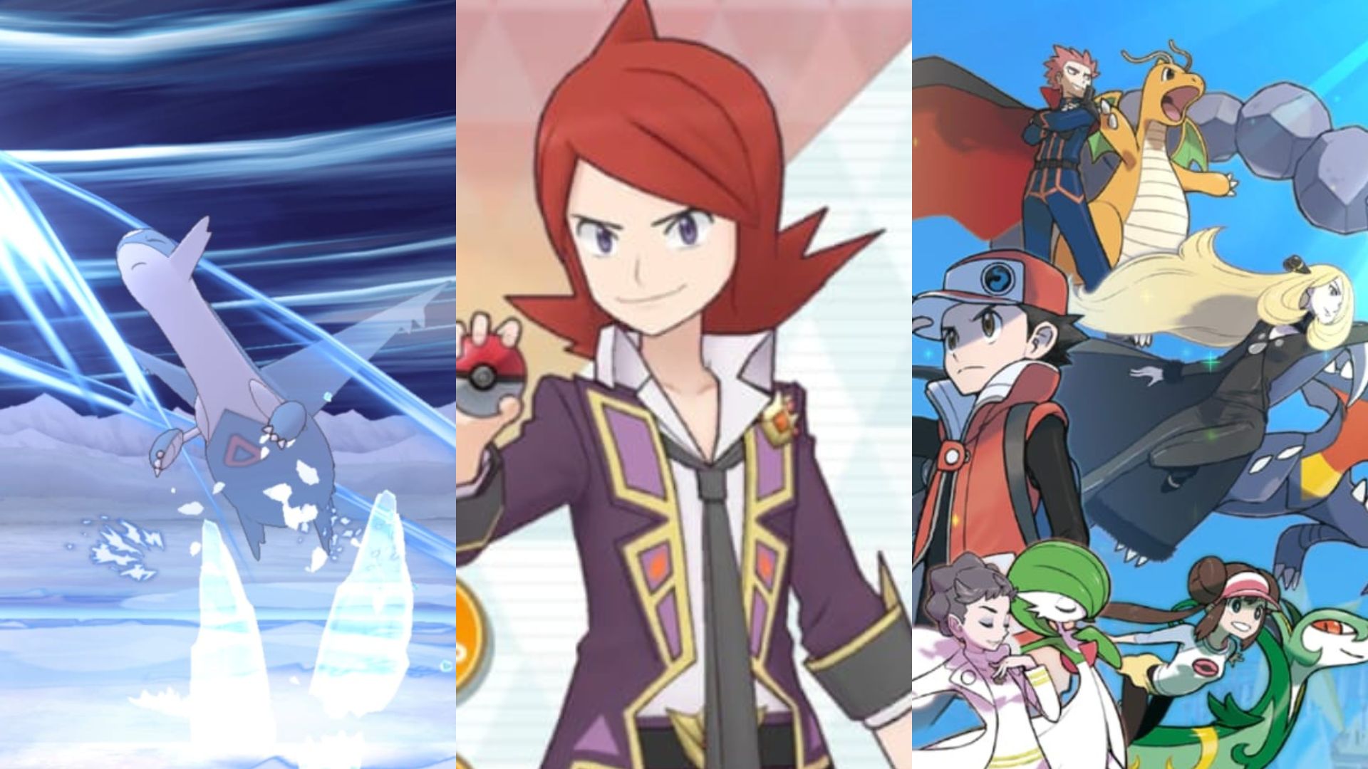 A three-panel image of Pokémon Masters EX showing Latios on the left, Silver at center, and the keyart with Red, Cynthia, and more trainers on the right