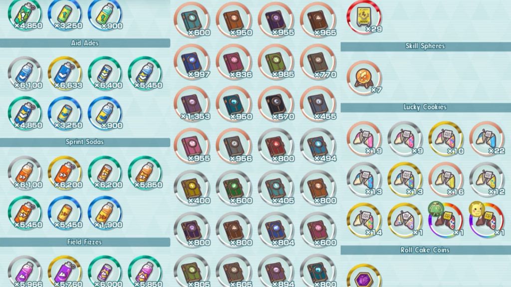 A three-panel picture showing the player's bag in Pokémon Masters EX highlighting Tonics, Sodas, and Lucky Cookies.