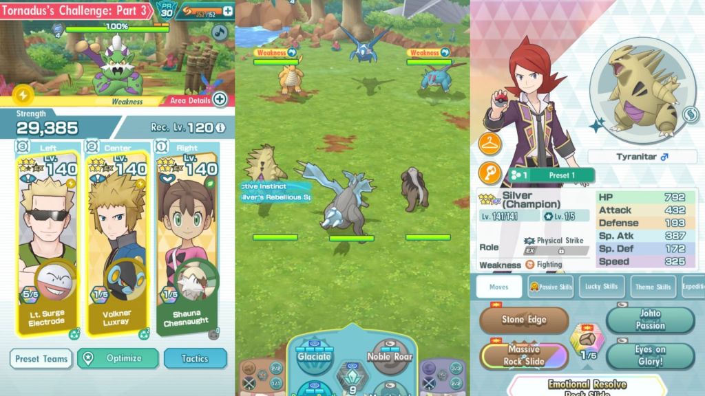 A three-panel image showing a Pokémon Masters EX trio on the left, a battle at center, and a sync pair stats on the right.