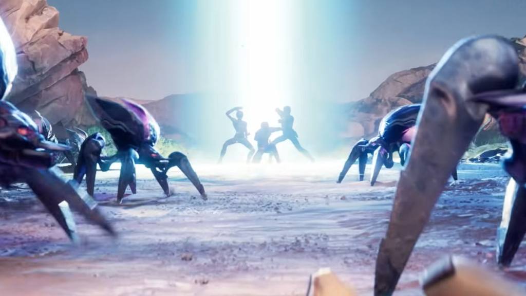 Three power rangers preparing to fight bugs in fortnite