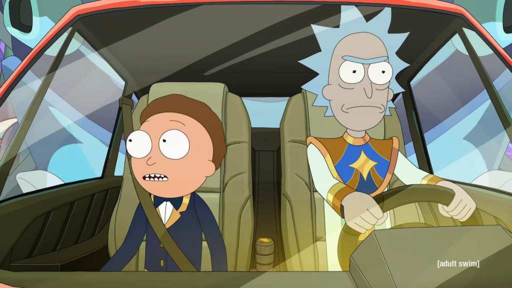 Rick and morty sitting in a ship in space