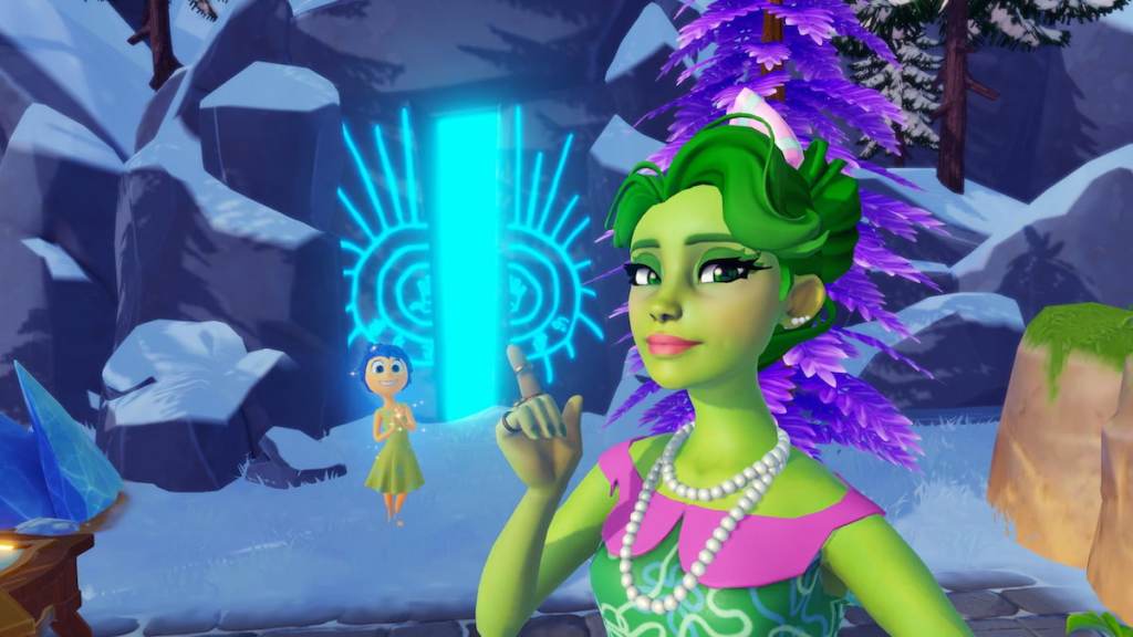 Pointing at glowing blue secret chamber door in DDV