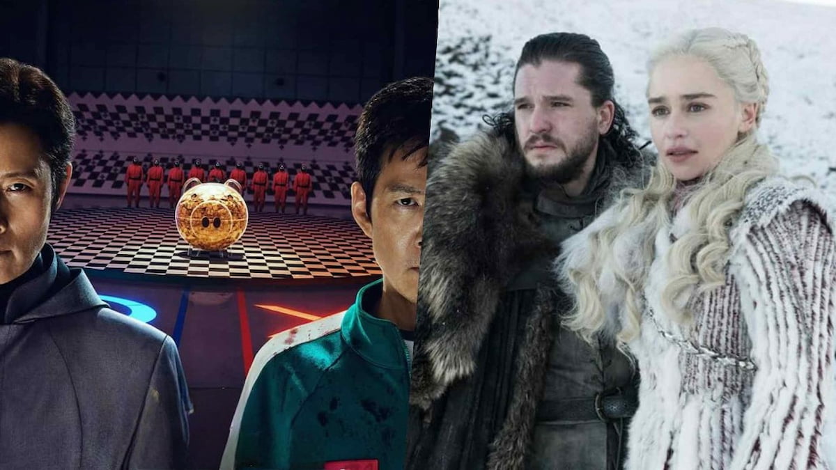 Front man and Gi-Hun in front of a piggy bank loaded with money and a punch of guards in pink suits in the background in Squid Game next to Jon and Dany standing in the snow in Game of Thrones.