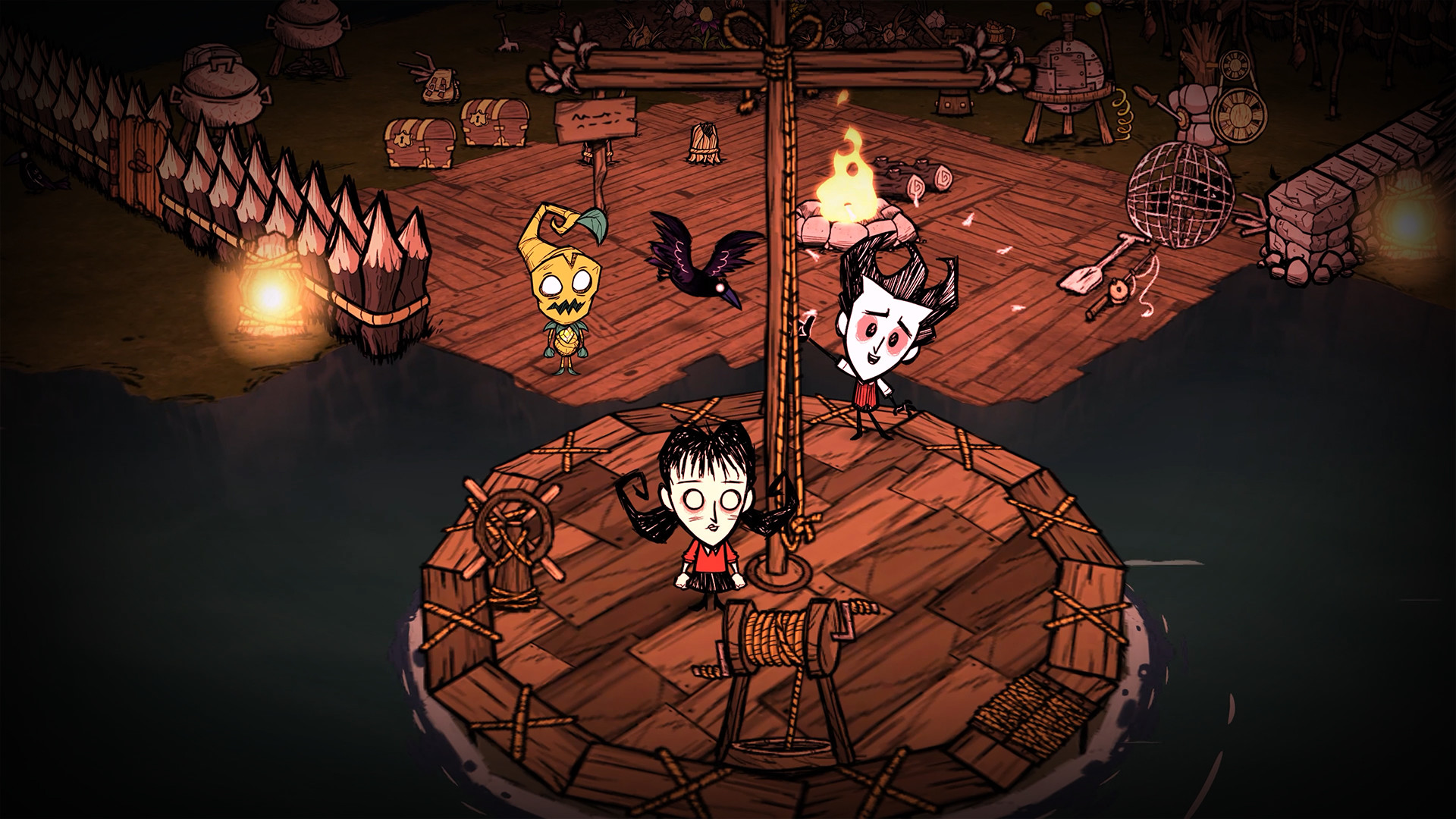 Three player characters playing together in Don't Starve Together