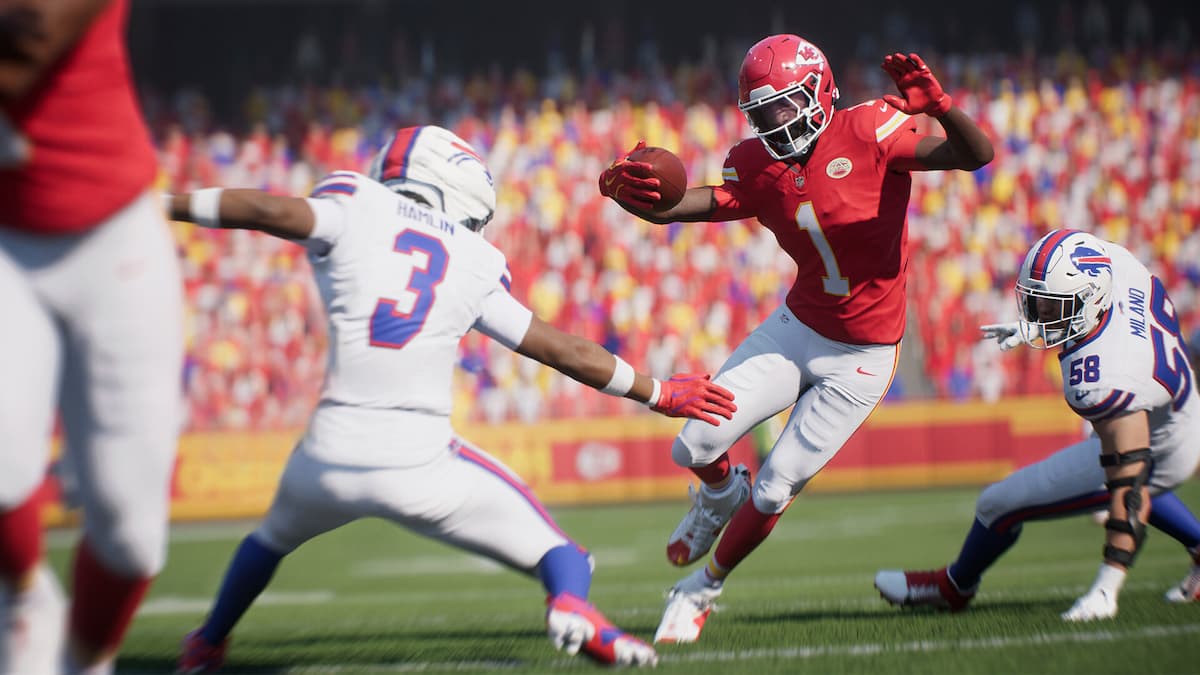 A player dribbling past a tackler in Madden 26