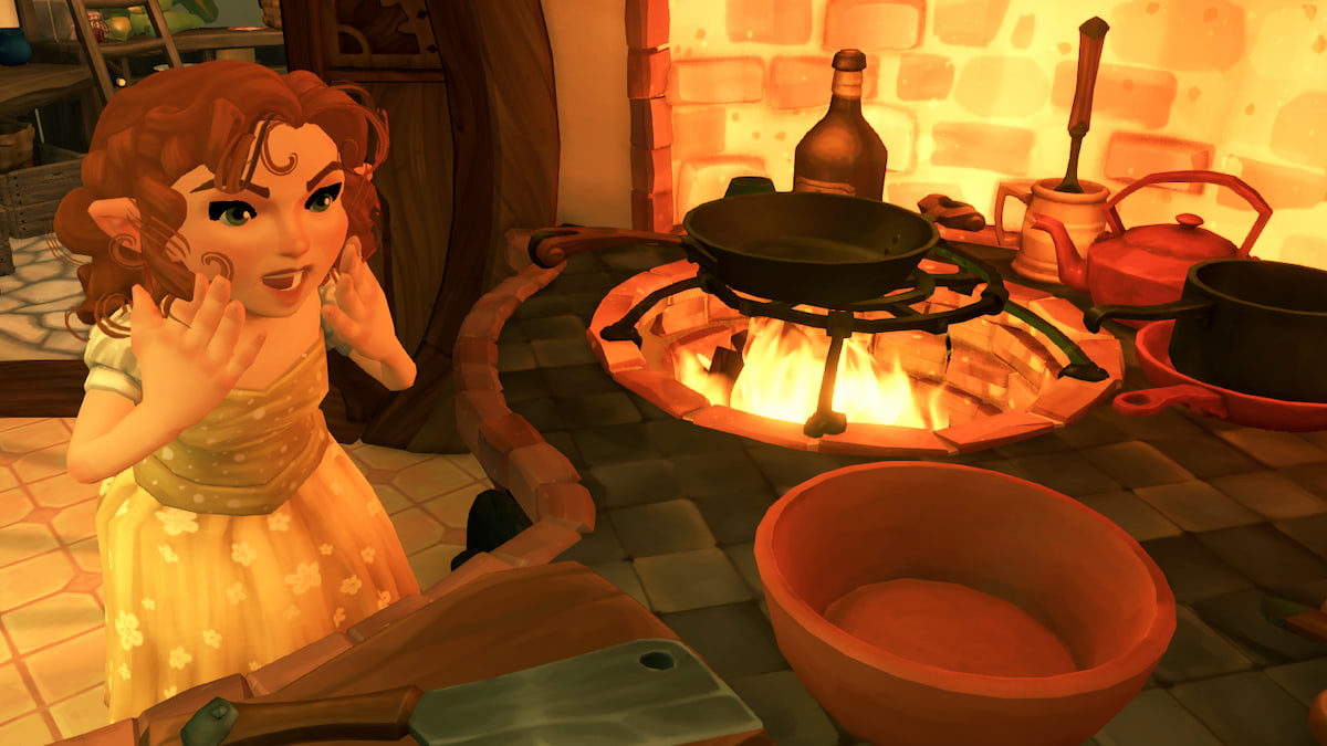 A hobbit standing by a cooking station in tales of the shire