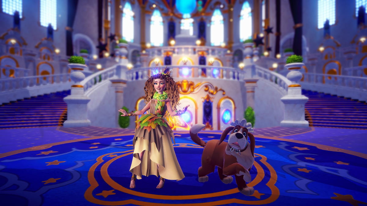 A character in a green and brown leafy dress standing with a brown dog in a castle in disney dreamlight valley
