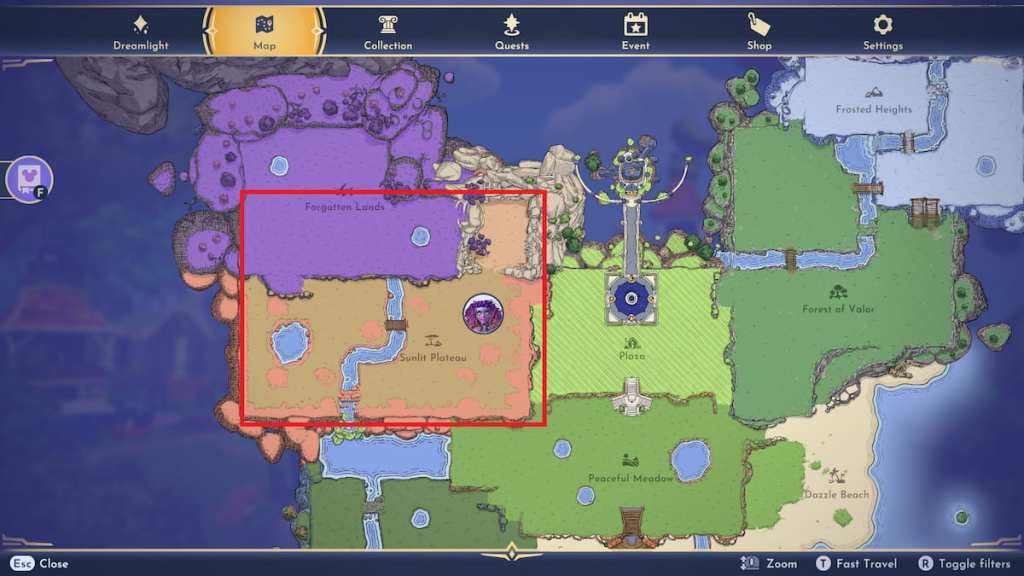 Sunlit plateau area marked on a map in disney dreamlight valley