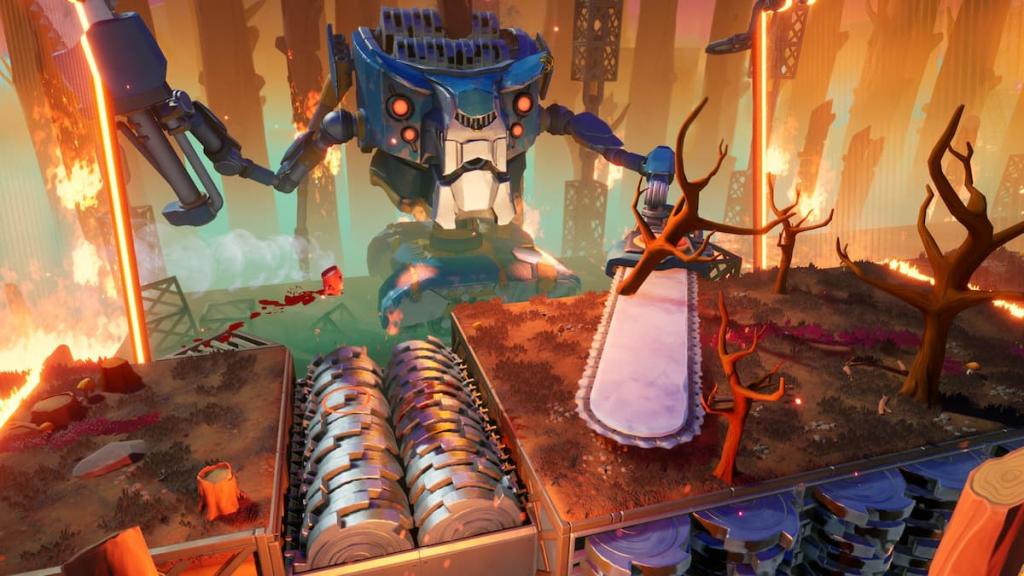 A tree-felling machine attacking Super Meat Boy in Super Meat Boy 3D. 