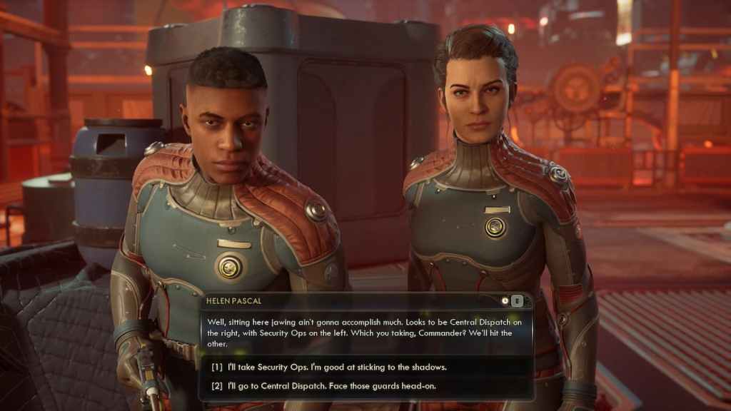 Two characters speaking to the main character on a space station in The Outer Worlds 2. 