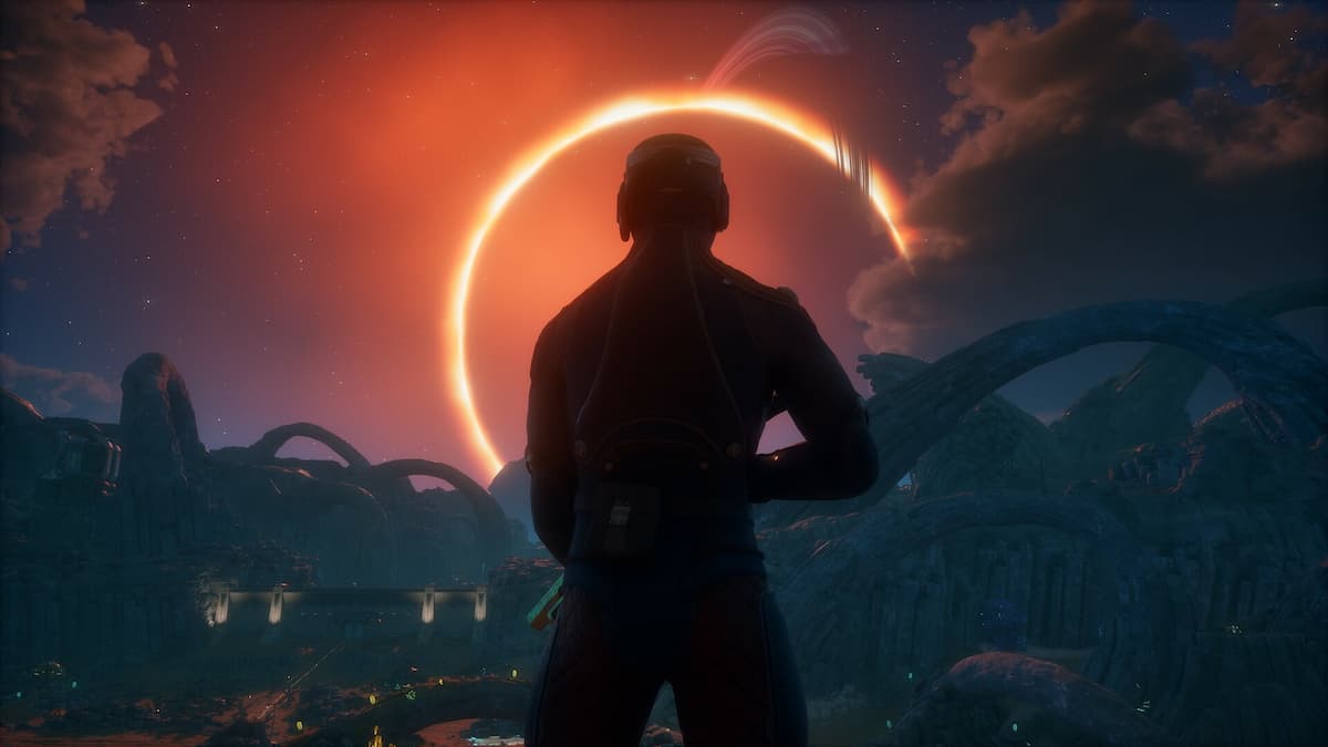 A character with their back turned towards the camera holding a gun while the sun sets behind them in The Outer Worlds 2.