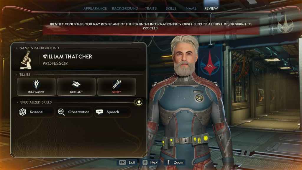 An aged character with white hair and beard standing in a space ship in The Outer Worlds 2. 