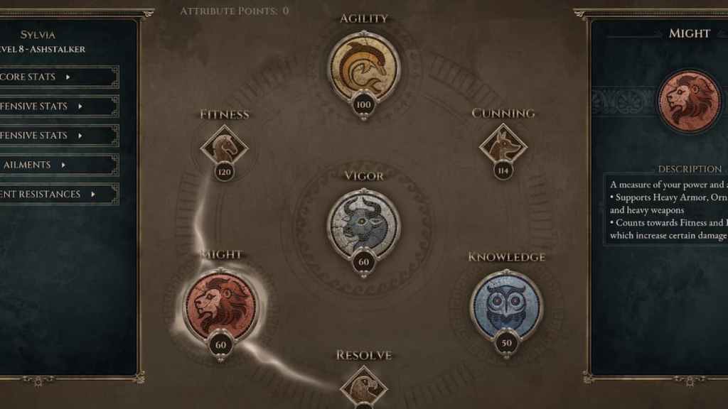 Attribute leveling screen in Titan Quest 2. 