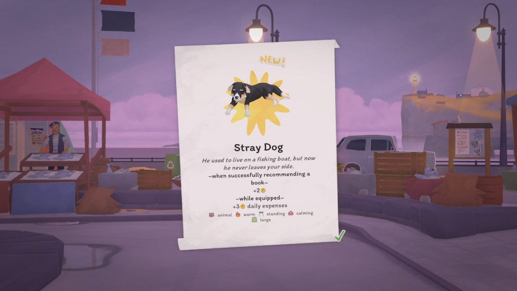 Unlocking stray dog in tiny bookshop