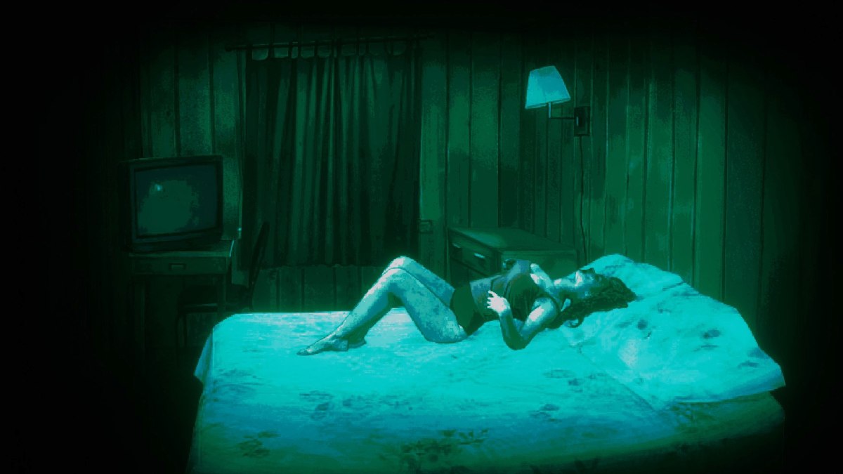 A pregnant Visitor writhing in the protagonist's bed at nighttime
