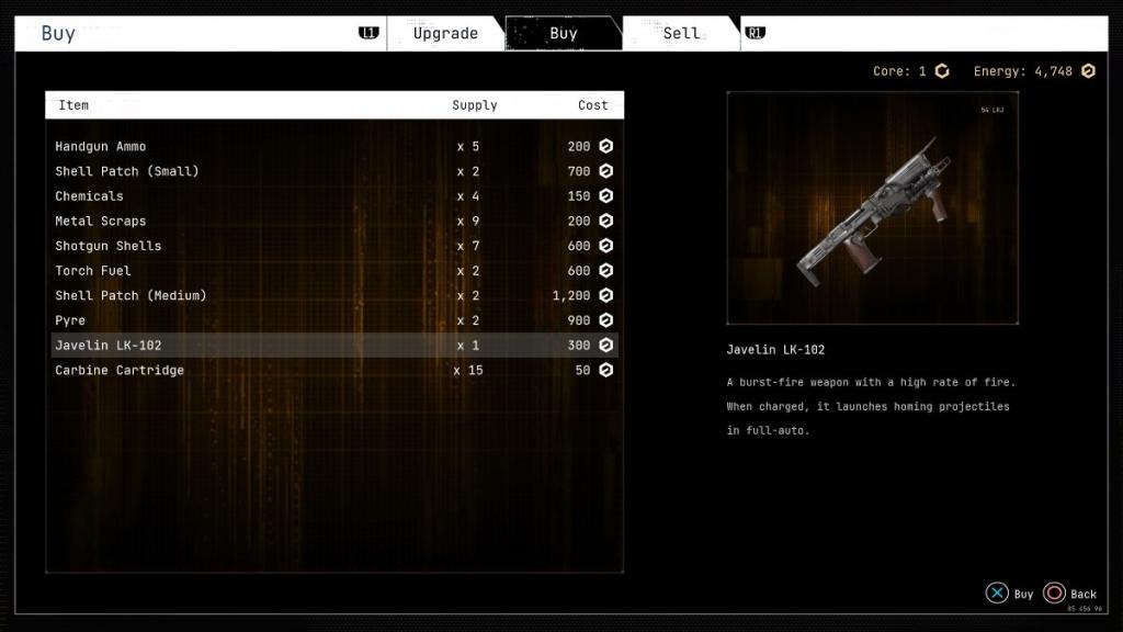 The Anomaly-torn Building buy menu on the upgrade machine in the safe room to purchase the Javelin