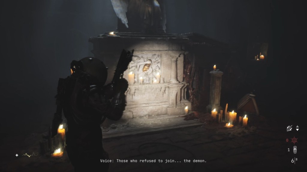 Looking at the Child Statuette underneath angel statue