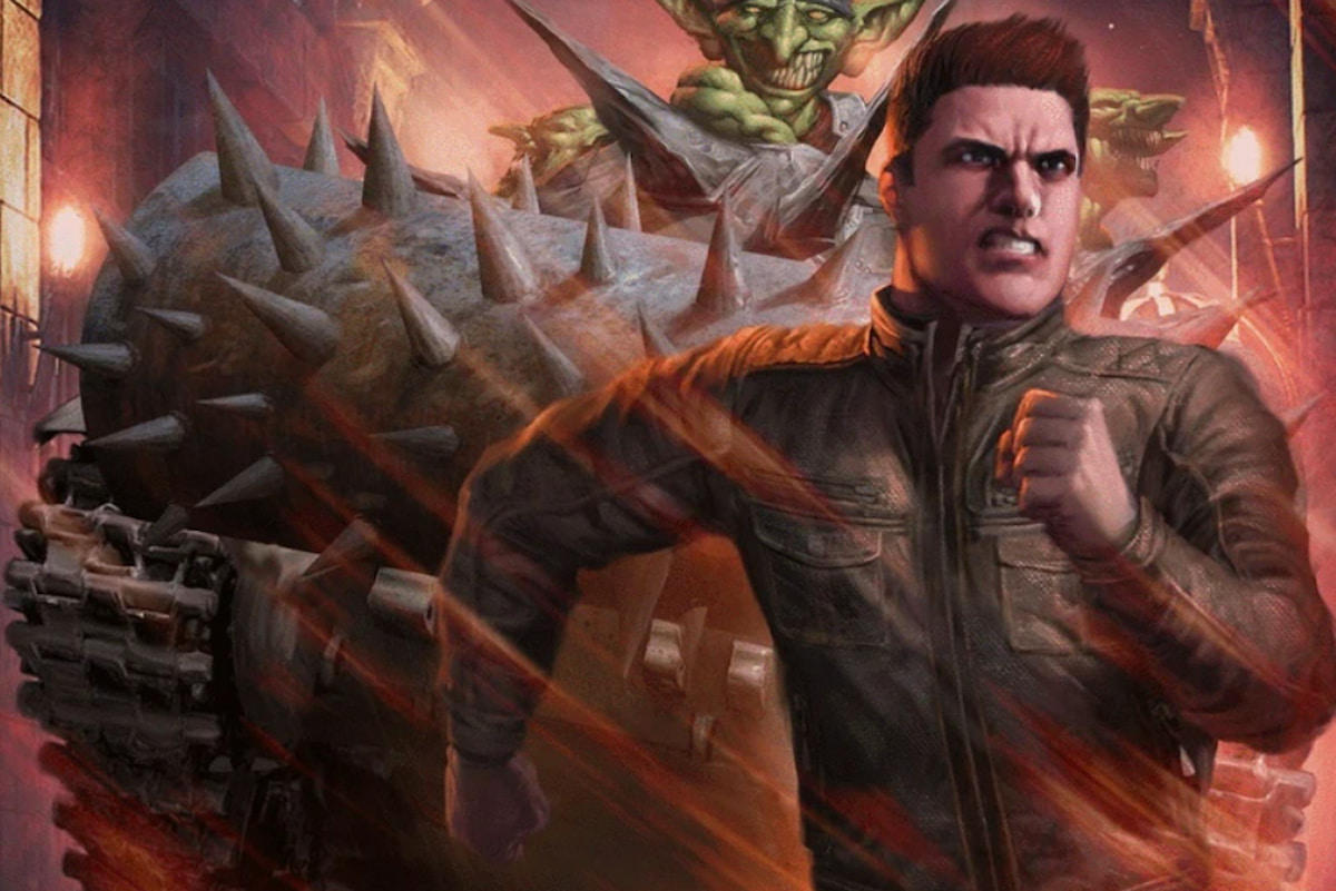 The cover art for Dungeon Crawler Carl, showing a man running from a goblin on a spiked machine.