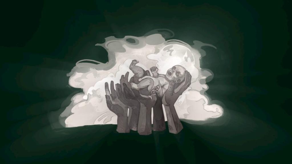 Hands holding up the Visitor/human baby hybrid