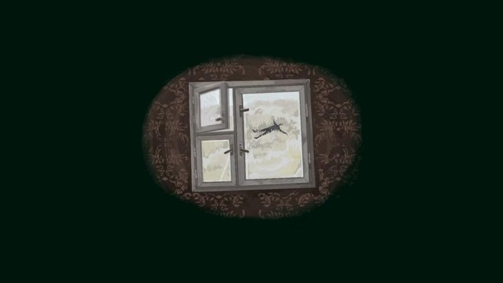 Silhouette of the protagonist lying in an infinite field, shot through the window of his house
